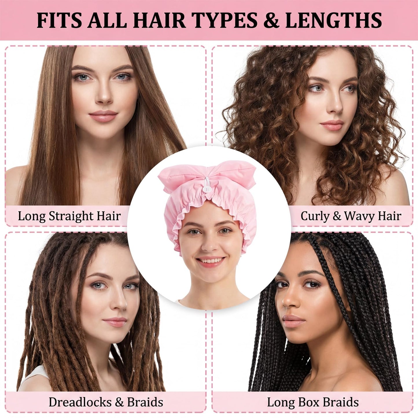 1 Pack Large Shower Caps for Braids – Extra Long Waterproof Hair Bonnet for Women & Men, Reusable XL Bath Cap for Locs, Dreadlocks, Thick Curly Hair, Drawstring Adjustable (Pink)