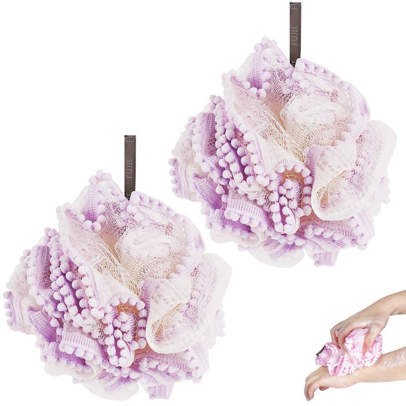 Biiange Loofah, Shower Bath Spong, Soft Shower Loofahs Balls, Globose lace Shower Ball, for Body Wash Scrubber Cleaning Loofah Bathroom Accessories (2Pcs) (Purple)