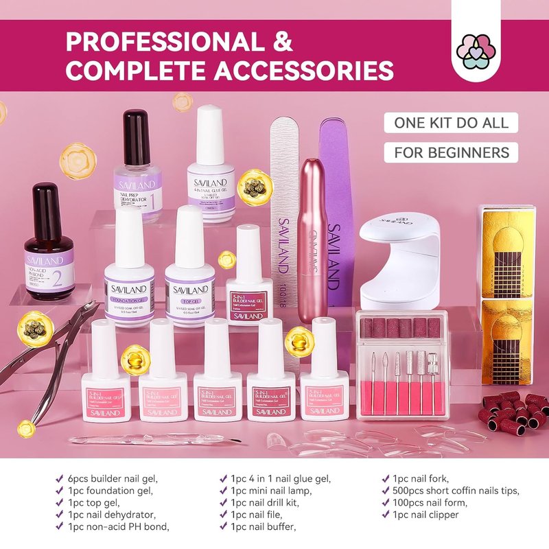 SAVILAND Builder Nail Gel Kit - 6 Colors 10ml Hard Gel with Nail Drill & Mini UV Lamp for Home Salon