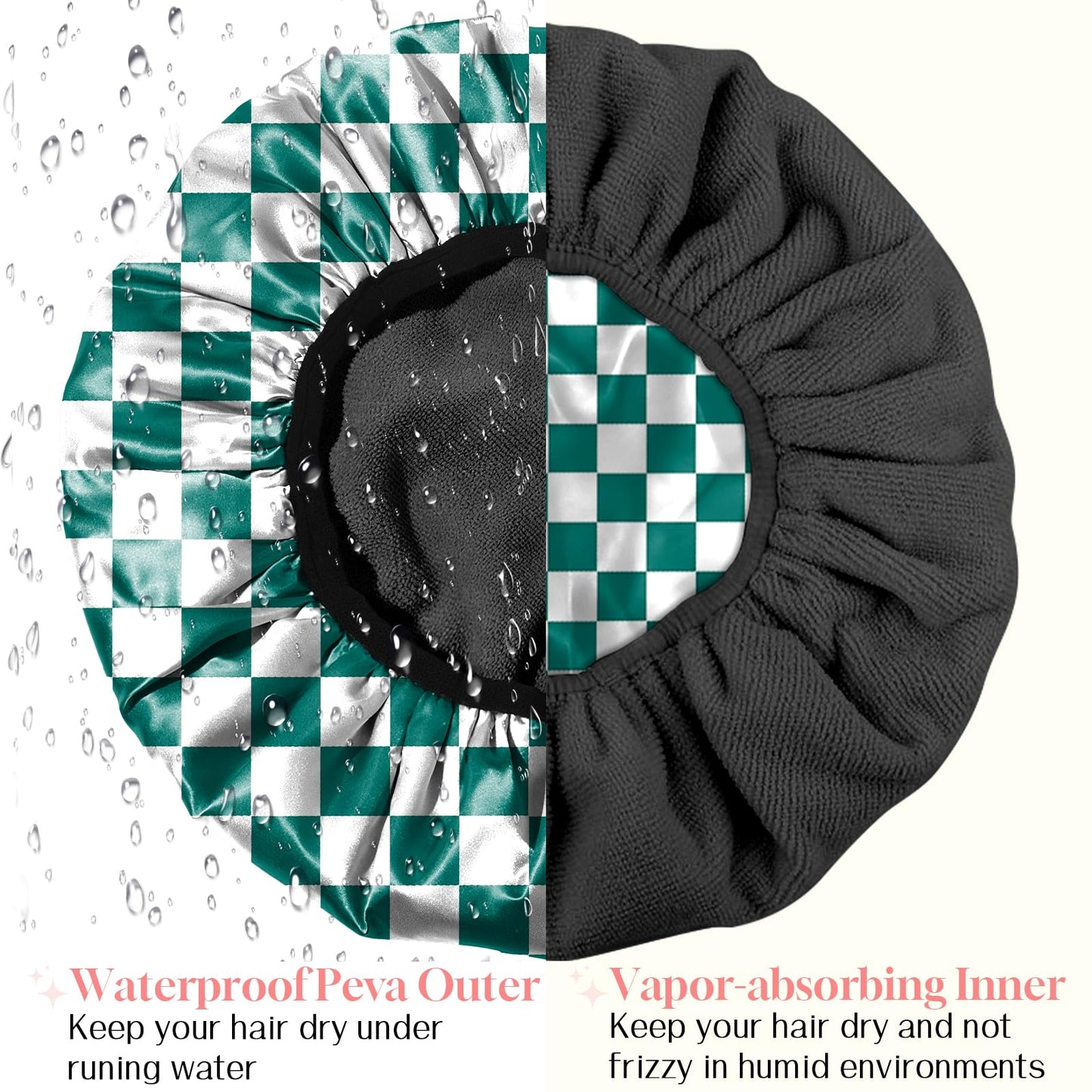 Zewurtuw Luxury Shower Cap Terry Cloth Lined EVA Waterproof Reusable Triple Layer Elastic Hair Bath Caps for Women Girls Cute-Green Checkered