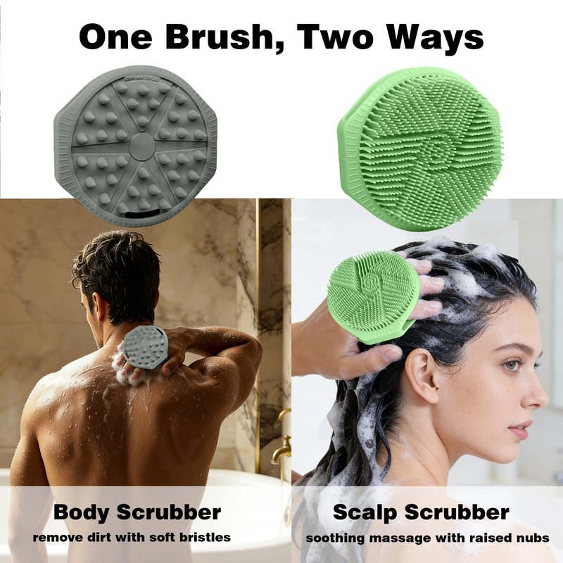 PeaKalo Silicone Body Scrubber for Men Women, Dual-Sided Bath Brushes Gentle Exfoliating Body Scrubber Scalp Massager for Deep Cleansing, Soft Silicone Loofah Body Washing Brushes (Gray+Green)