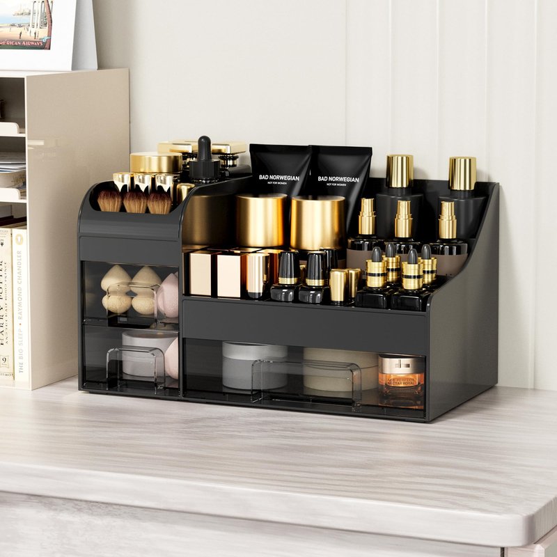 Mriluvy Makeup Organizer with Drawers,Large Cosmetic Storage Box,Countertop Skincare Organizer,ABS Makeup Brush Holder for Bathroom,Desk,Dresser,Multifunctional Beauty Display Case,Black transparent