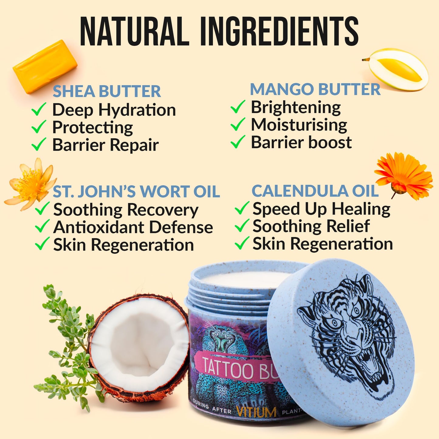 VITIUM Tattoo Butter Aftercare Balm 5oz, Vegan, Brightens & Heals New & Old Tattoos, Signature Tropical Italian Scent, Shea, Mango, Calendula, Glide for Tattoo Artists, Made in Italy, No Petroleum