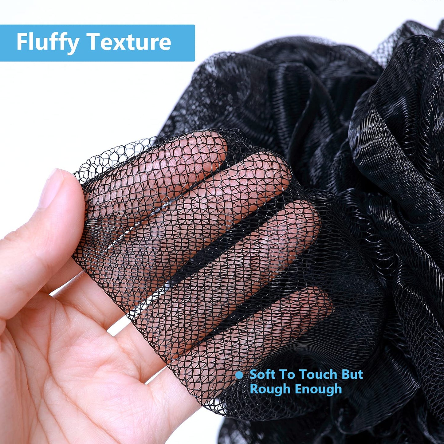 VANZAVANZU Bath Loofah Large 80g Shower Sponge Body Scrubber Mesh Pouf for Men and Women, Set of 4 (Black)