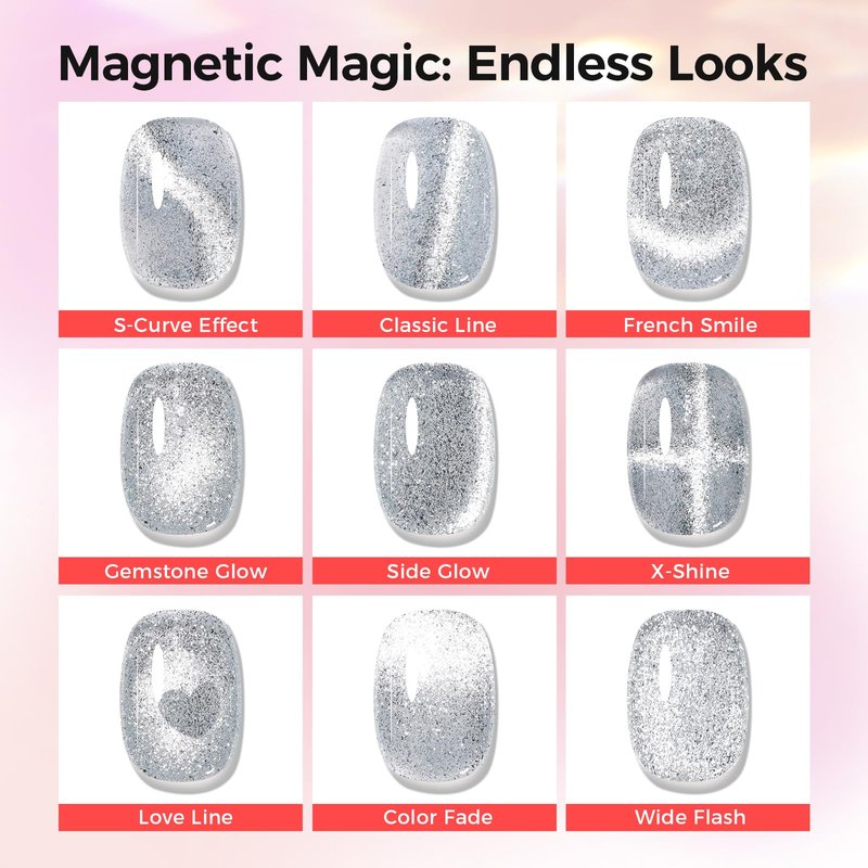 GELLAKTIK 5-in-1 Cat Eye Gel Polish 15ml No Base/Top Coat Needed All-in-One Formula, Beginner-Friendly Magnetic Nail Polish with Magnet Stick, Fast Curing for Home DIY Manicure (Silver)