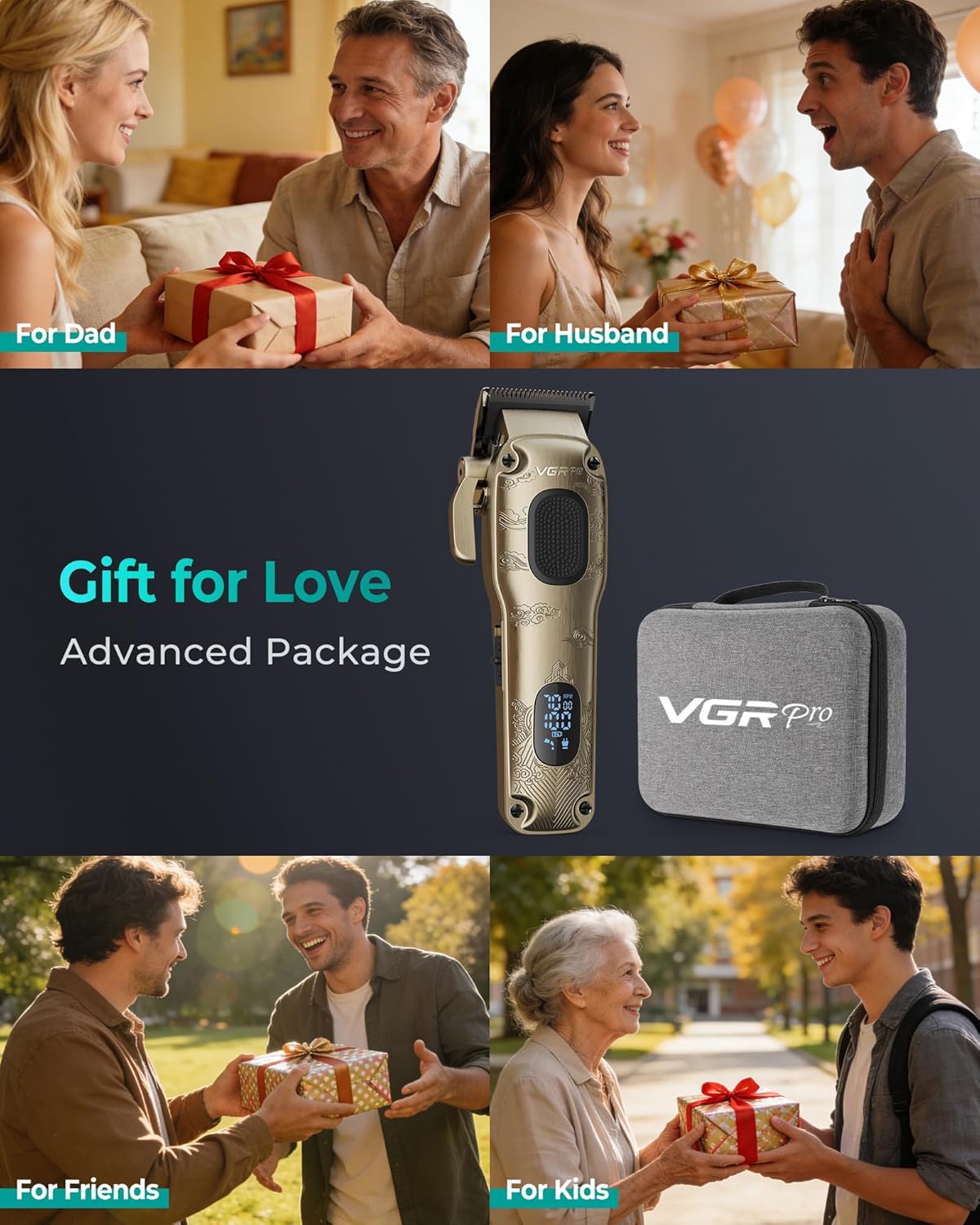 VGRPRO Hair Clippers for Men Professional, Cordless & Corded Barber Clippers for Hair Cutting with Package Case, Electric Grooming Kit for Home & Barber Use, LED Battery Display (Golden)