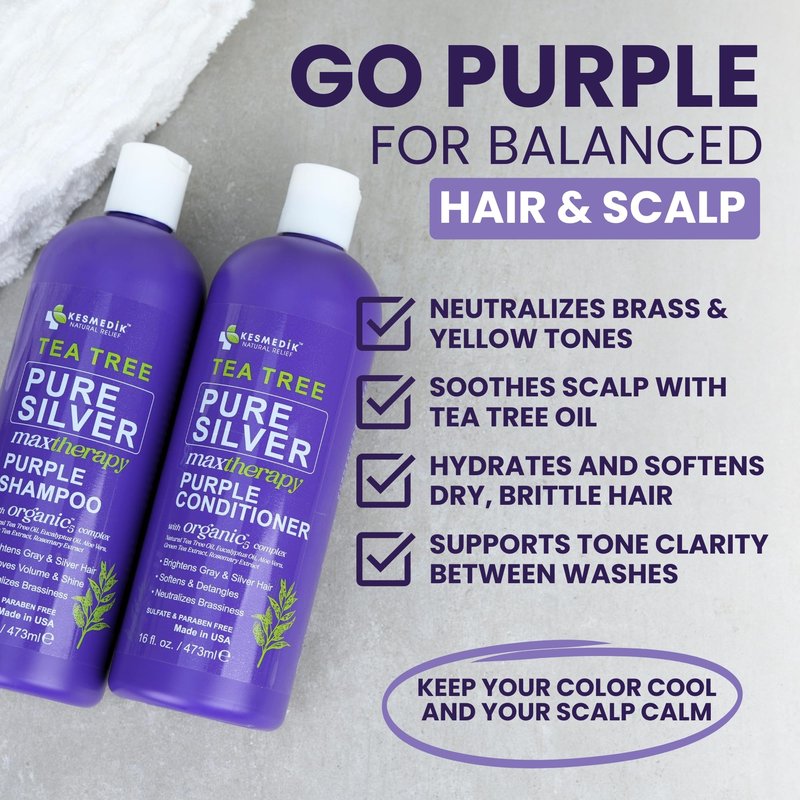 KESMEDIK Tea Tree Purple Shampoo & Conditioner Set with Rosemary & Aloe, Professional Anti Brass Toner, Removes Yellow Tones for Gray, Bleached, White & Blonde Hair, Refreshes Scalp, Sulfate-Free