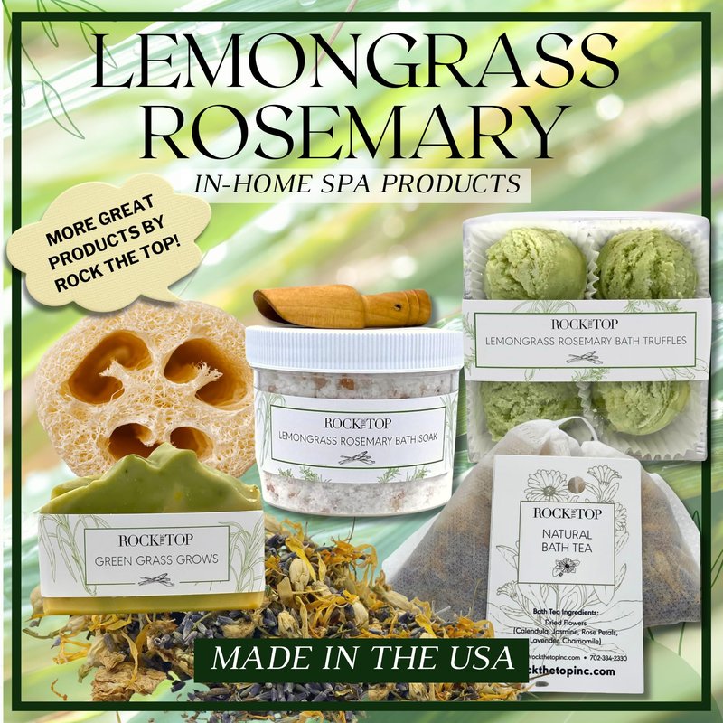 Rock the Top | 6 Lemongrass Rosemary Self Care Gifts for Women, Aromatherapy Epsom Salt Bath Soak, Lavender Soap, Bath Bombs, Bath Salts with Plant Based Loofa Dry Brushing Body Brush Gift