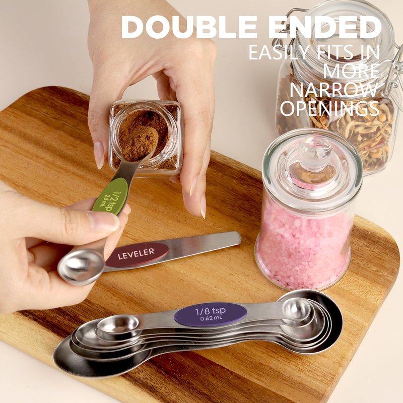 ChefAide Pack of 8 Stainless Steel Magnetic Measuring Spoons Set, Dual Sided, Stackable, Adjustable Teaspoon and Tablespoon Measure Spoon with Leveler, Kitchen Gadgets