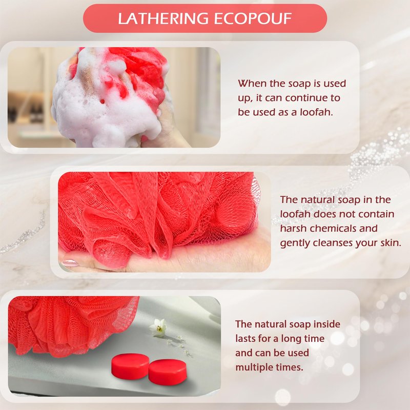 Bath Shower Loofah with Strawberry-Scented Soap – Soft & Exfoliating Body Scrubber, Soap-Infused Loofah, Luxurious Spa Experience, Durable (Red - Strawberry, Medium (Pack of 1))