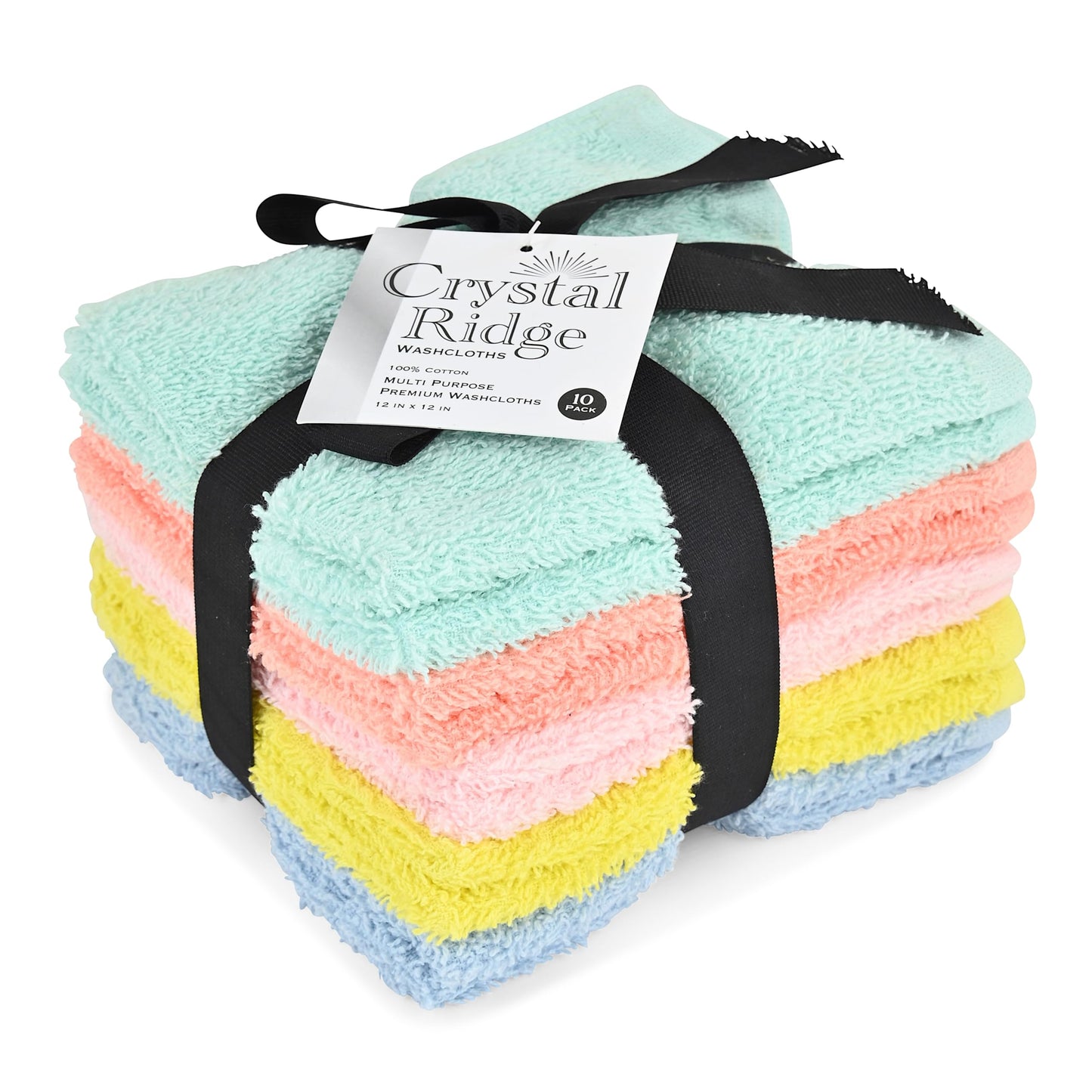 Crystal Ridge Cotton Wash Cloths 10 Pack - Washcloths for Showering, Face and Body, Soft and Highly Absorbent Multipurpose Towels for Bathroom, Kitchen, Spa and Gym - Wash Rags 12 x12 (Pastel)