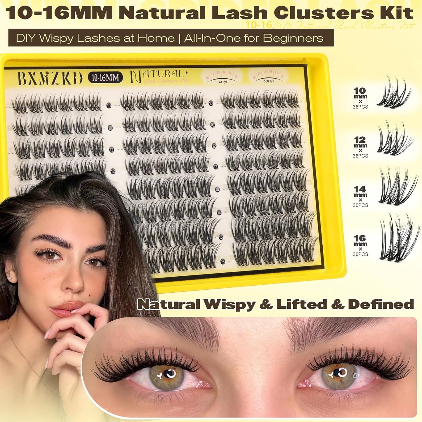 Skiennix Natural Lash Clusters Kit - Wispy Eyelash Extensions with Invisible Band | 10-16mm C Curl