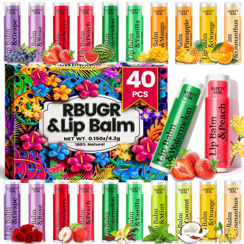 RBUGR 40 Pack Lip Balm - 12 Flavored Beeswax Moisturizing & Soothing Natural Lip Balms in Bulk Set for Women, Gifts Stocking Stuffers Party Favors (4.2g/0.15oz)