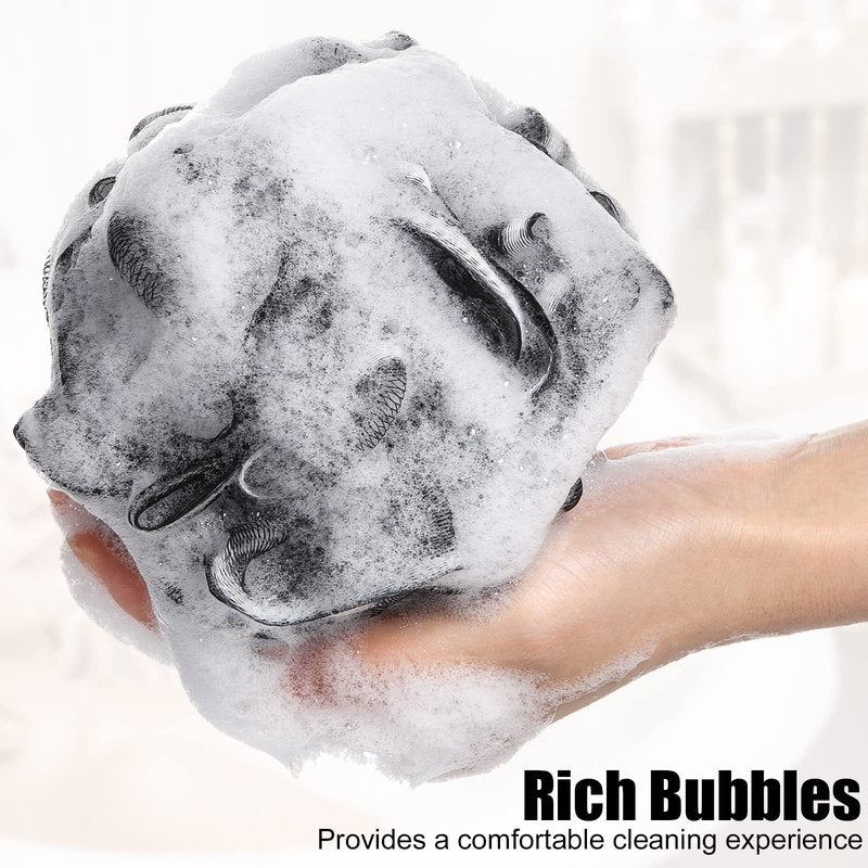 Shellwei 32 Pcs Bath Loofahs Sponge Shower Bulk 60 g for Men Black Large Charcoal Body Scrubber Mesh Shower Puff White Soft Exfoliating Pouf Balls for Women Bathing Accessories