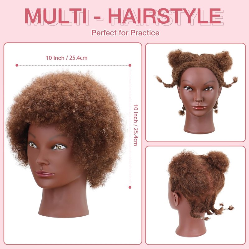 Afro Curly Mannequin Head - 100% Human Hair 10'' Cosmetology Doll for Braiding & Hairstyling | Brown