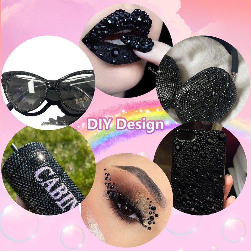 Skiennix 16000 Pcs Black Resin Rhinestones - Flatback Gems for DIY Crafts | Mixed Sizes with Pickup Tool