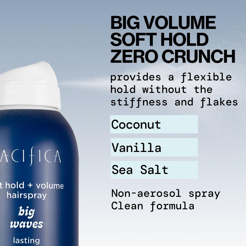 Pacifica Big Waves Coconut, Vanilla & Sea Salt Hairspray – Soft Hold Wavy Hair Texture Spray – Adds Volume & Controls Frizz, Travel Size Beach Hair Essential for Women – Vegan & Cruelty-Free – 6oz