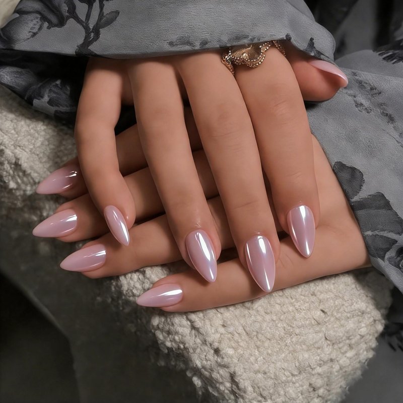JOYVVEW Chrome Dusty Pink Press on Nails Short Almond, Glazed Gel Fake Nails with Glue for Women Wedding & Everyday, Reusable Handmade Thick Glue On Nails with High Gloss in 15 Sizes, 30 Pcs