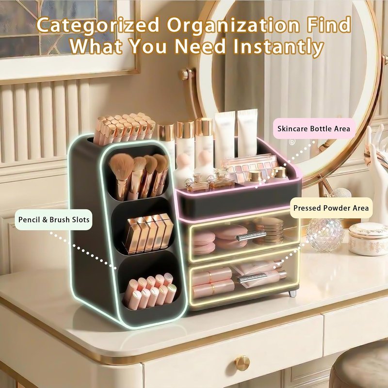 Makeup Organizer - Large Capacity Countertop Storage with Brush Holder | Thickened Material, Black
