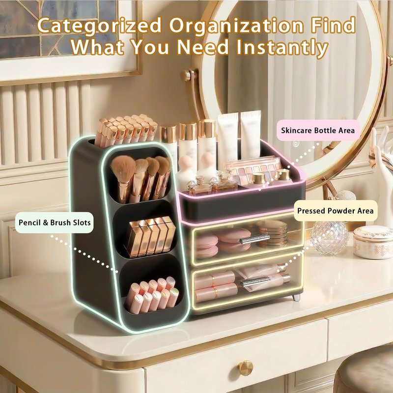 Large Capacity Makeup Organizer Countertop with Makeup Brush Holder for Vanity, Thickened Material, Bathroom Countertop Organizer Skin Care Perfumes Storage, Teen Girl Gifts for 12-23 Year（black）