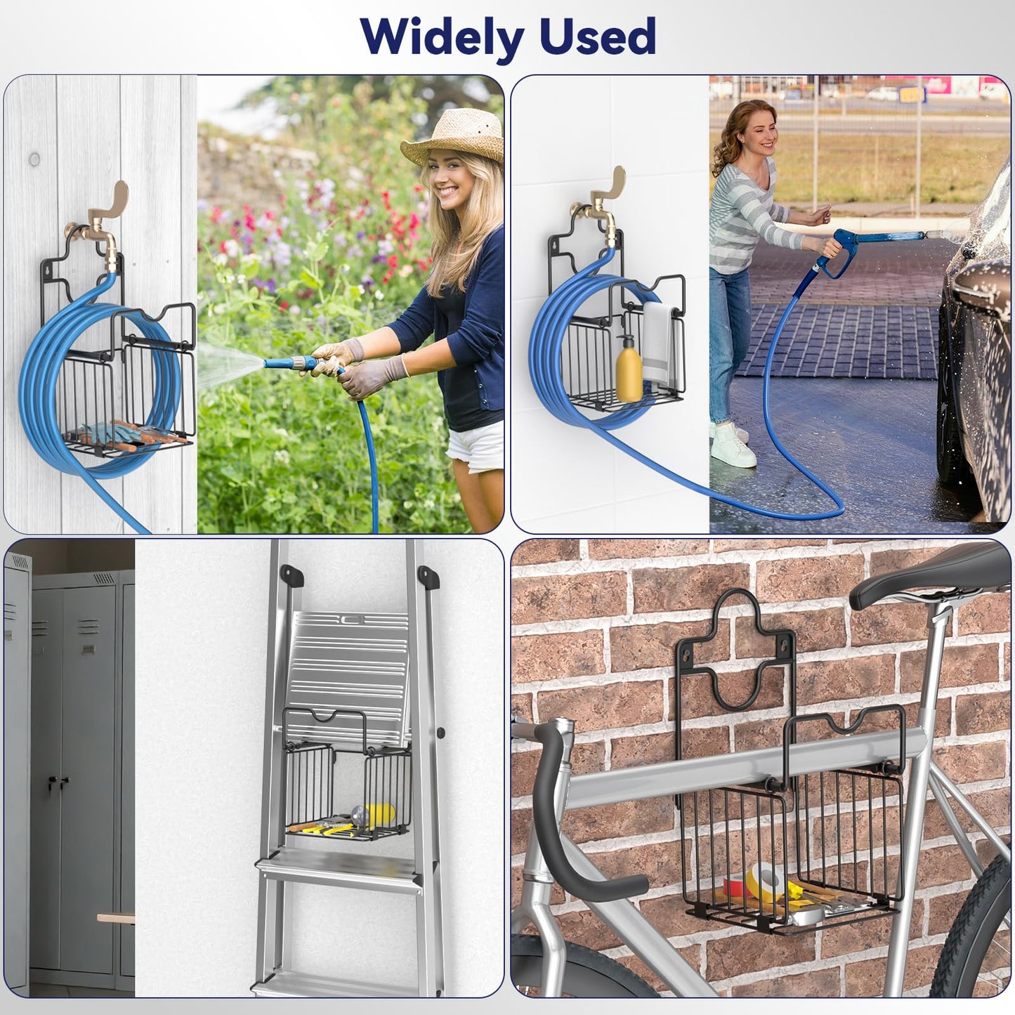 Garden Hose Holders for Outside Metal Water Hose Holder Wall Mount Hose Hanger with Storage Basket Heavy Duty Waterhose Holder for Outside Hose Rack Outdoor Hose Caddy Hook for Garden Organizer Black