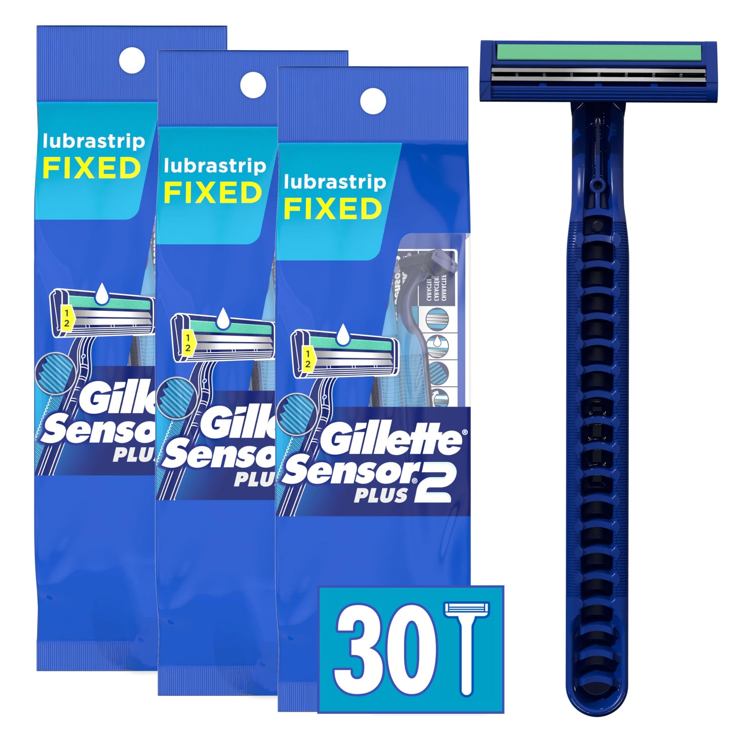 Gillette Sensor2 Plus Fixed Men's Disposable Razor, 10 Count (Pack of 3) Blue