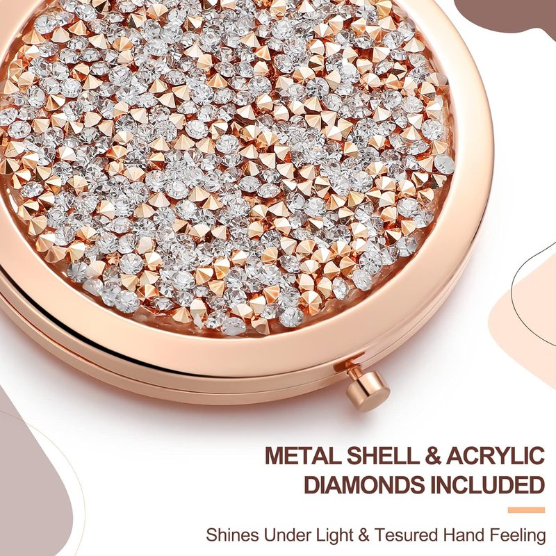 Roowest 16 Pack Metal Rhinestone Compact Mirrors - Inspirational Rose Gold Magnifying Purses