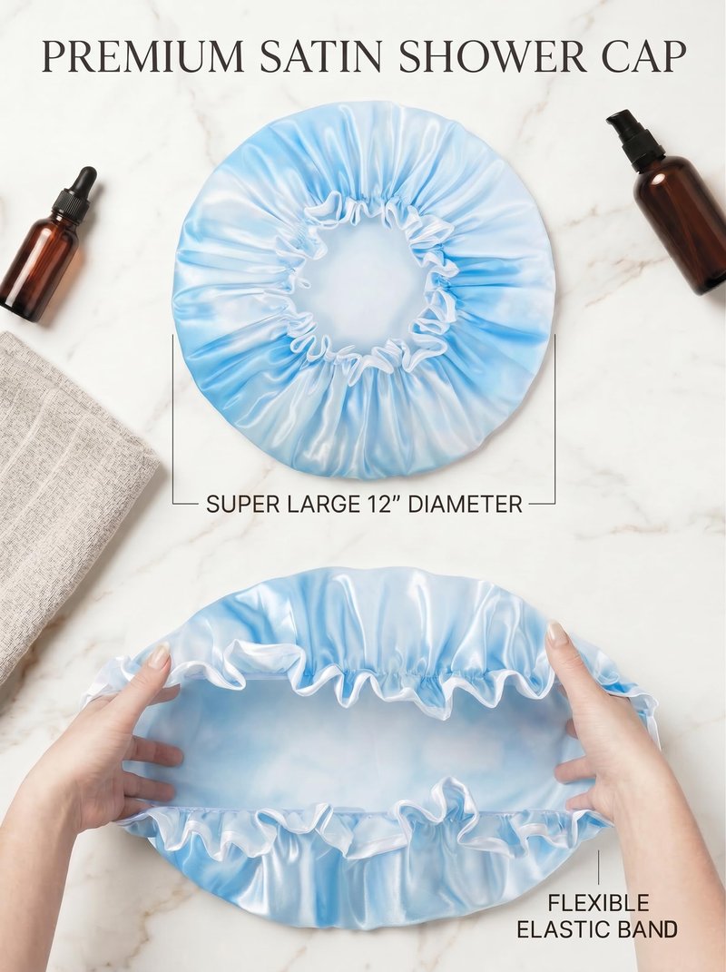 Aquior Shower Caps, Reusable Shower Cap for Women, Double Layer Waterproof Hair Cap, Large Size for All Hair Lengths,for Girls Spa Home Salon Use (Blue Cloud)