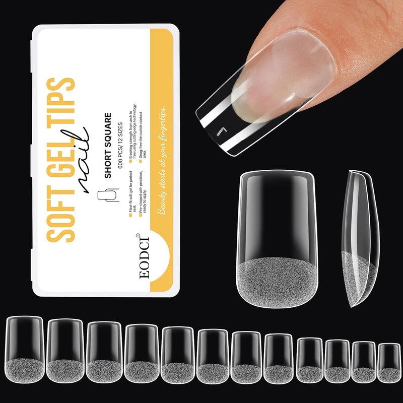 EODCI Gel Nail Tips - Short Square 600Pcs Soft Clear Full Cover False Nails for Easy Extensions