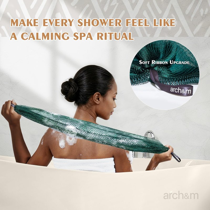 ARCH&M African Net Sponge Authentic 2 Pack - 53" Extra-Long Back & Body Scrubber for Women and Men, Exfoliating Shower Loofah Bath Sponge for Daily Use, Travel-Friendly Spa Gift