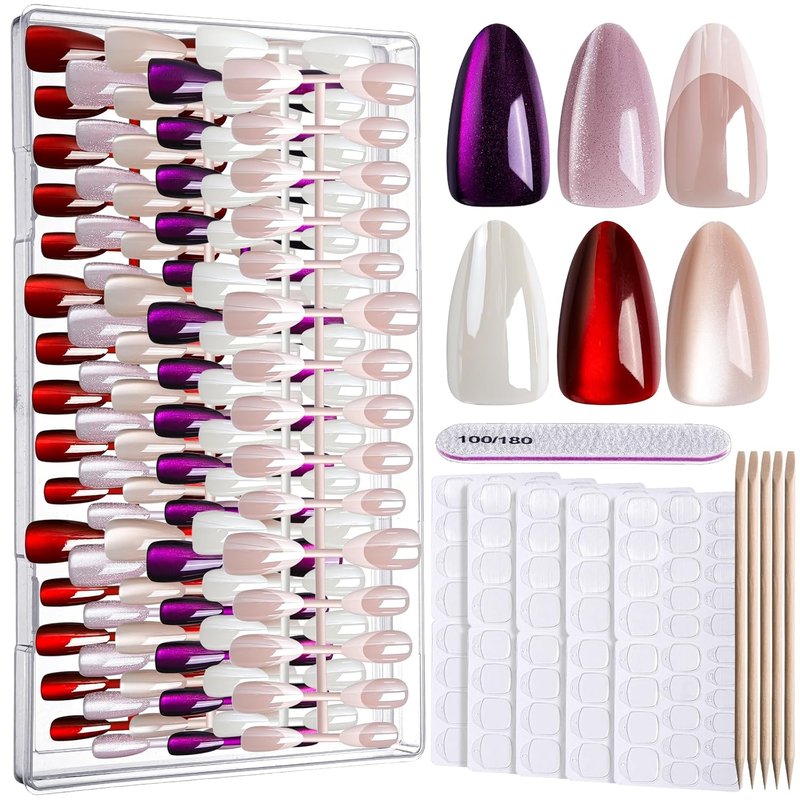 Almond Press On Nails - Cat Eye Glossy French Tip Set | 6 Iridescent Colors for Salon Quality Manicure