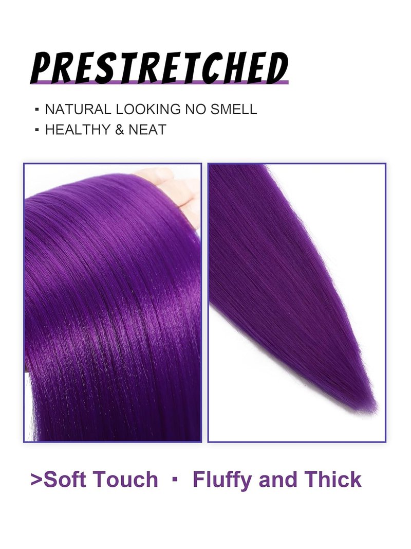 Purple Hair Extensions - Long Pre-Stretched Synthetic Braiding Hair | 26 Inch Twist Braids for Cosplay & Costume Parties