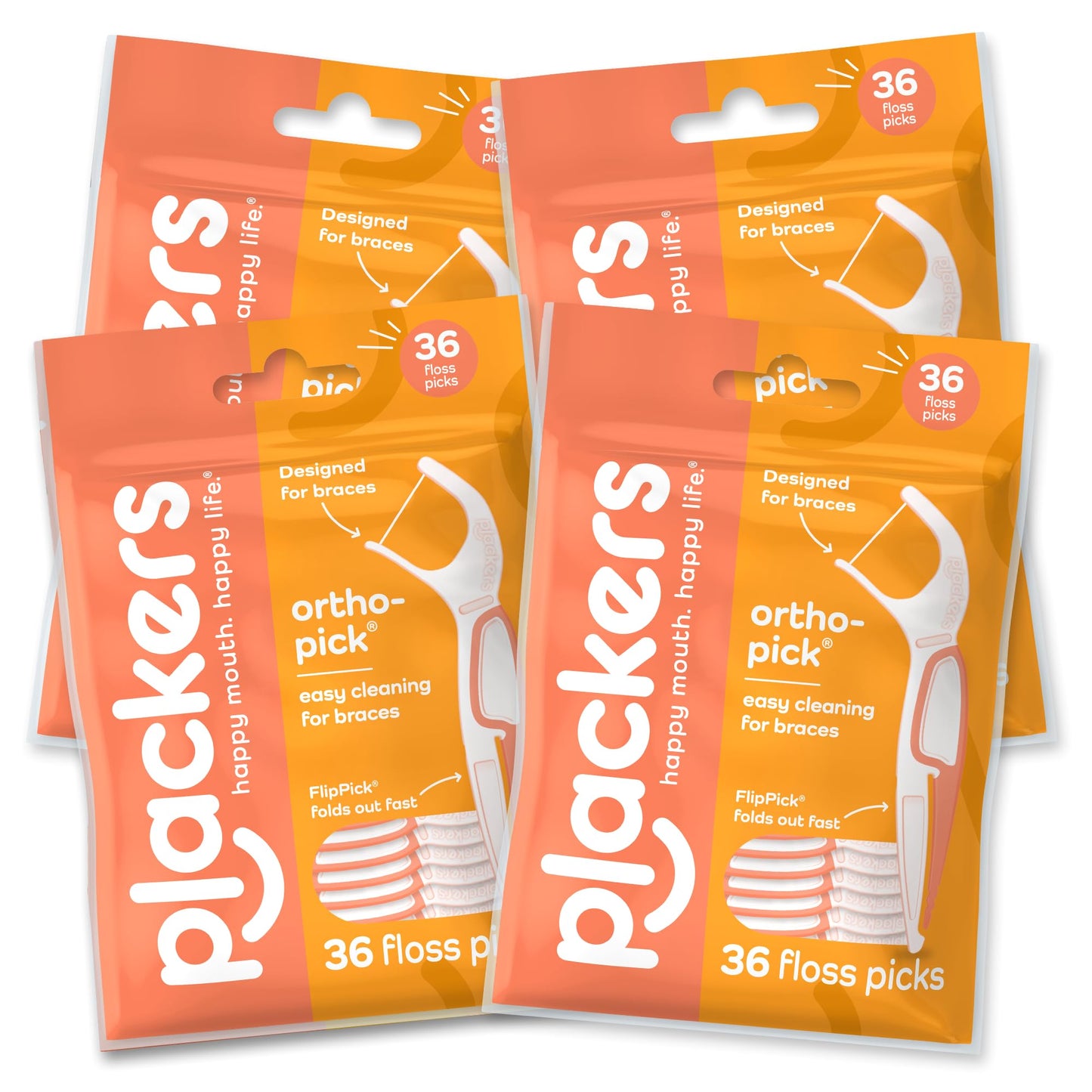 Plackers OrthoPick® Floss Picks Designed for Braces, Tuffloss® Made Without PTFE, FlipPick® Clean Between Brackets, 36 Count (4 Pack)