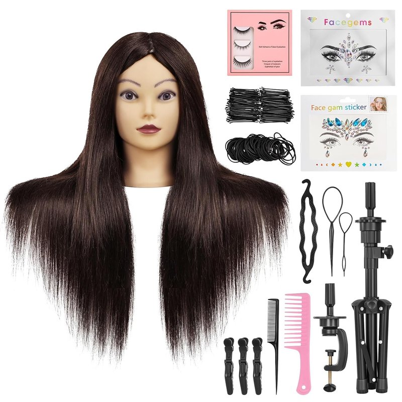 Mannequin Head With 90% Human Hair 23 inch,Doll Head For Hair Styling,Cosmetology Manikin,Hair Practice Head,Training Braiding Hairdressing Head with Wig Stand Tripod