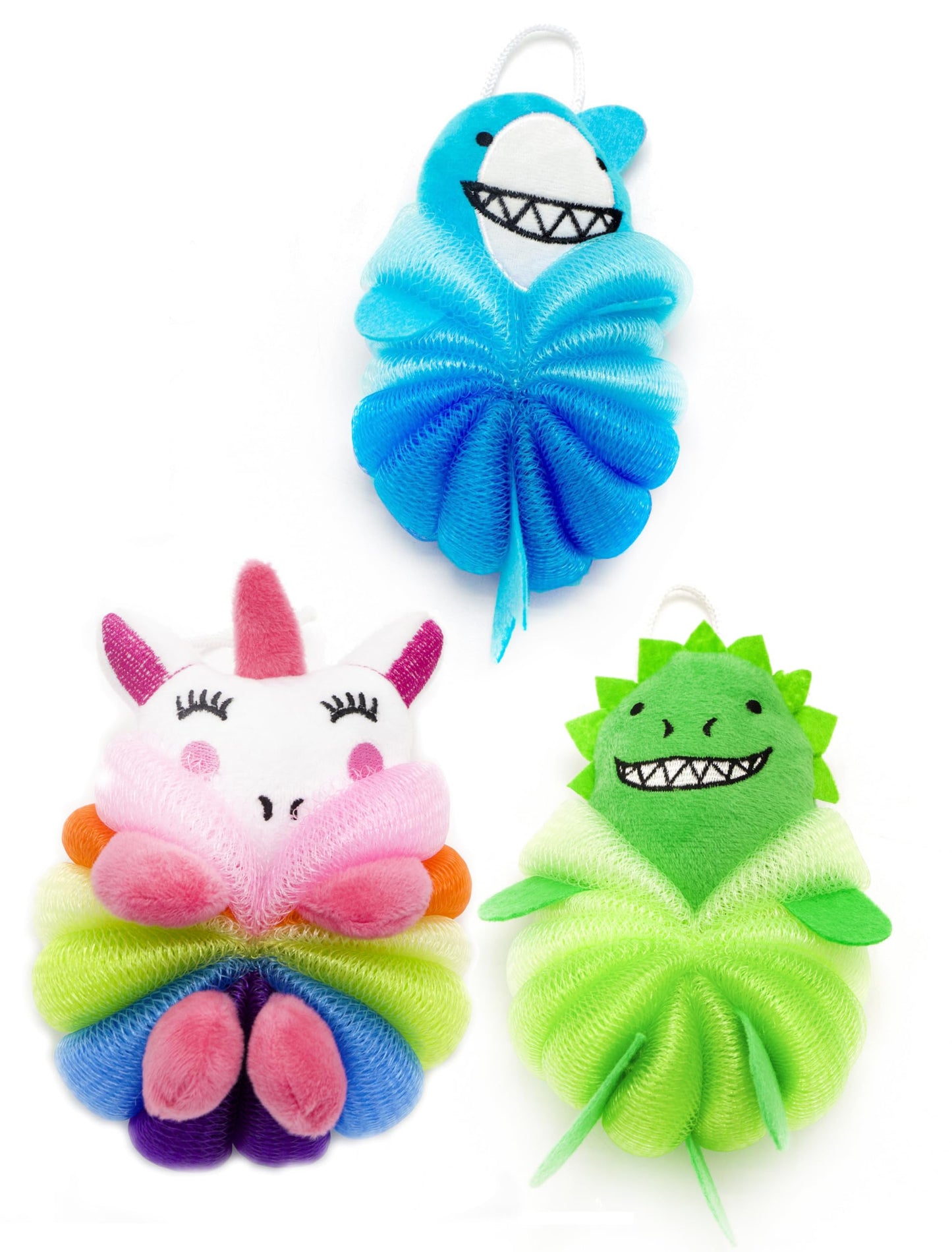 MURRI&MURRDI 3 Pack Kids Cartoon Bath Sponges - Cute Animal Shower Poufs for Toddlers, Gentle Exfoliating Body Scrubber & Mesh Loofah Gift Set for Boys Girls
