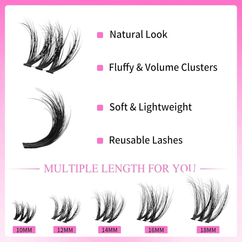 Lash Clusters - Fluffy Individual 3D Layered Volume Eyelashes | Thin & Invisible Band, Mixed Length 10-18mm