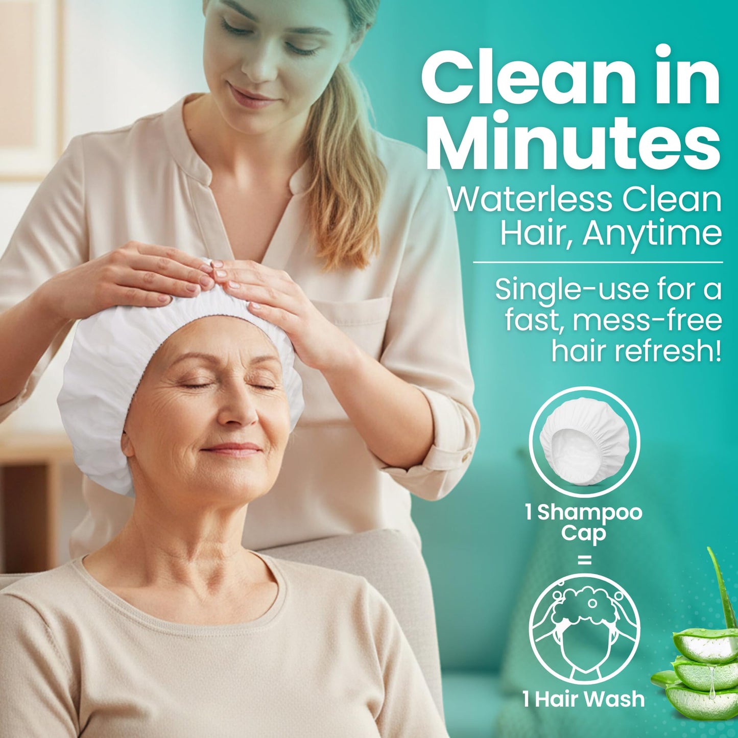 No-Rinse Shampoo & Conditioner Shower Cap, Waterless Hair Washing for Elderly, Bedridden, Hassle-Free Microwavable Hair Washing Cap infused with Aloe & Vitamin E – 6-Pack