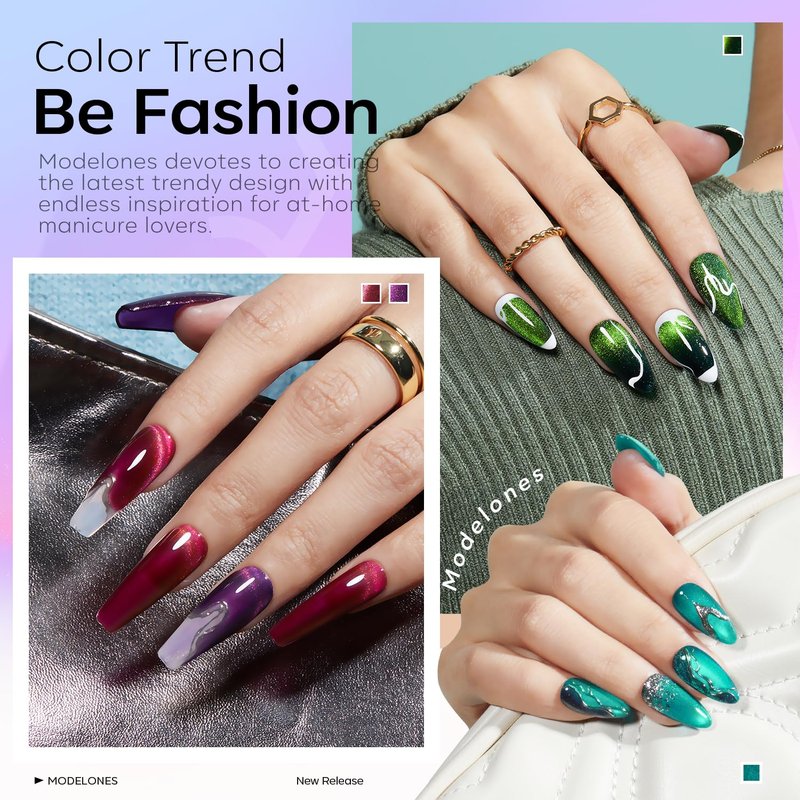 modelones 12Pcs 15ML Cat Eye Gel Nail Polish Set, Same Color Same Bottle Summer Green Blue Yellow Pink Red Purple Cateye Gel Polish Set with Magnet Sparkle Series Hema-free Gel Polish Kit Nail Art