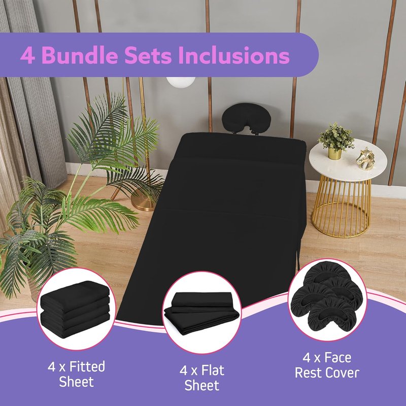 Massage Table Sheets Set - 3-Piece Microfiber Spa Bed Cover | Soft, Wrinkle & Oil Resistant - Black