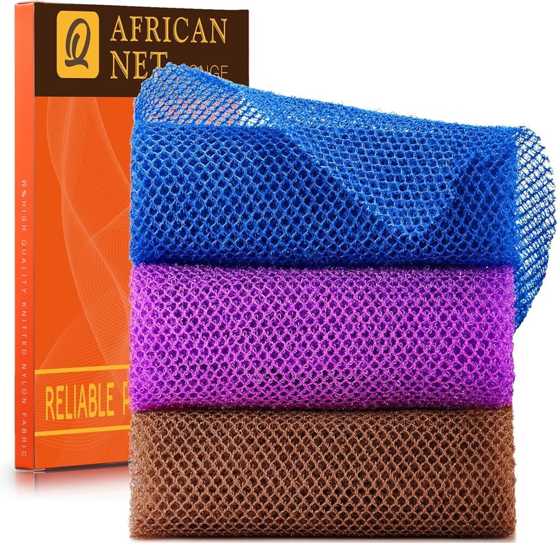African Bath Sponge Set - Exfoliating Net Shower Scrubber for Smooth Skin | 3 Pieces (Brown, Blue, Purple)