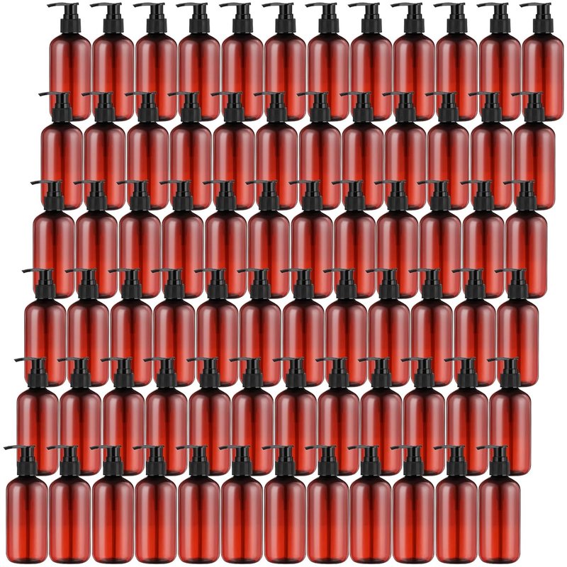 48 Pcs Pump Bottle Set - Refillable Lotion & Shampoo Dispenser | Clear 8oz/250ml Plastic Containers (Amber)