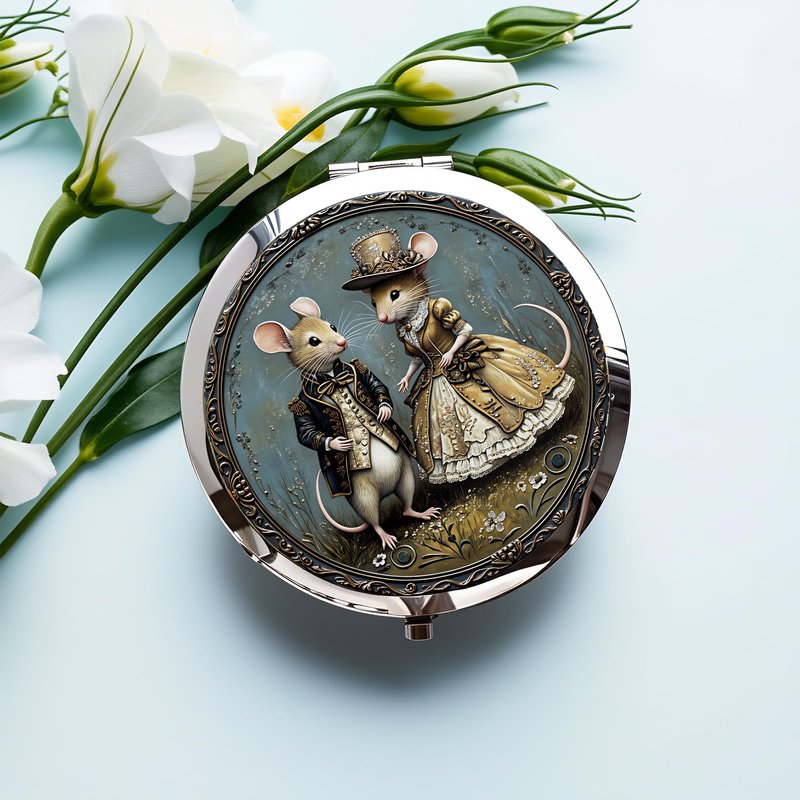 Silver Compact Mirror, 2.8x2.8inch Double-Sided Folding Makeup Mirror with Victorian Gentleman Mice Design, Ideal Gift for Women