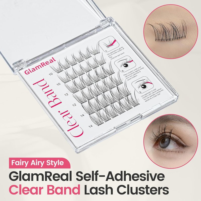GlamReal Self-Adhesive Press-On Lashes - Ultra-Thin Invisible Band, 36 Reusable Clusters | Fairy Airy, 10-14mm