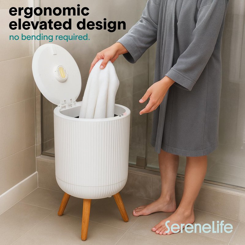 SereneLife Freestanding Towel Warmer Bucket – 18" Hot Towel Warmer with Legs for Bathroom & Spa, 12L Capacity, Built-In Timer, Aroma Discs & LED Indicator, Fits One Towel or Robe, Gray