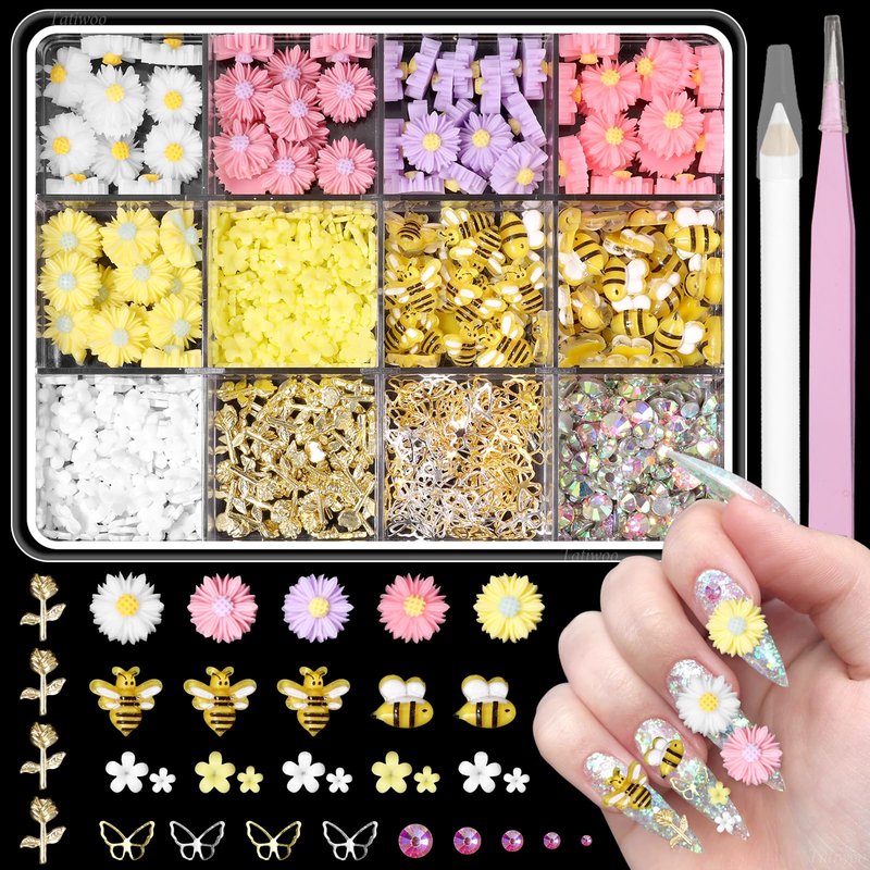 3D Flower Nail Charms, Cute Bee Daisy Flowers Charms for Acrylic Nails, Alloy Rose Butterfly Rivet Nail Charm and Rhinestones Gems for Nails Art Designs Accessories