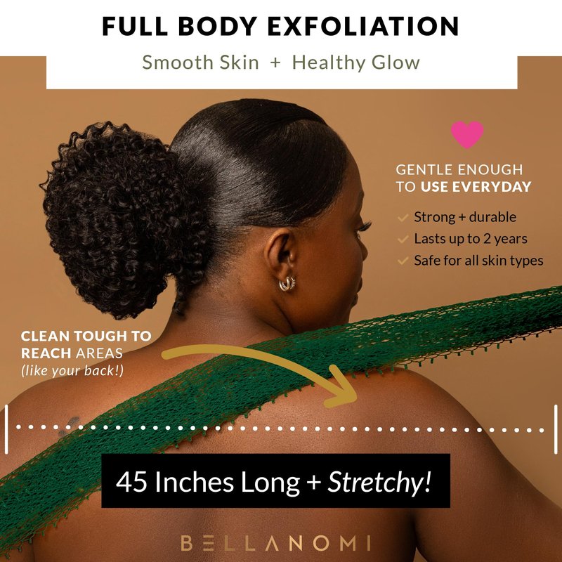 BELLANOMI 4 Piece African Exfoliating Net Sponge Long African Bath Sponge, Authentic Ethically Sourced from Nigeria, Great for Daily Use (Copper Brown, Orange, Green, Yellow)