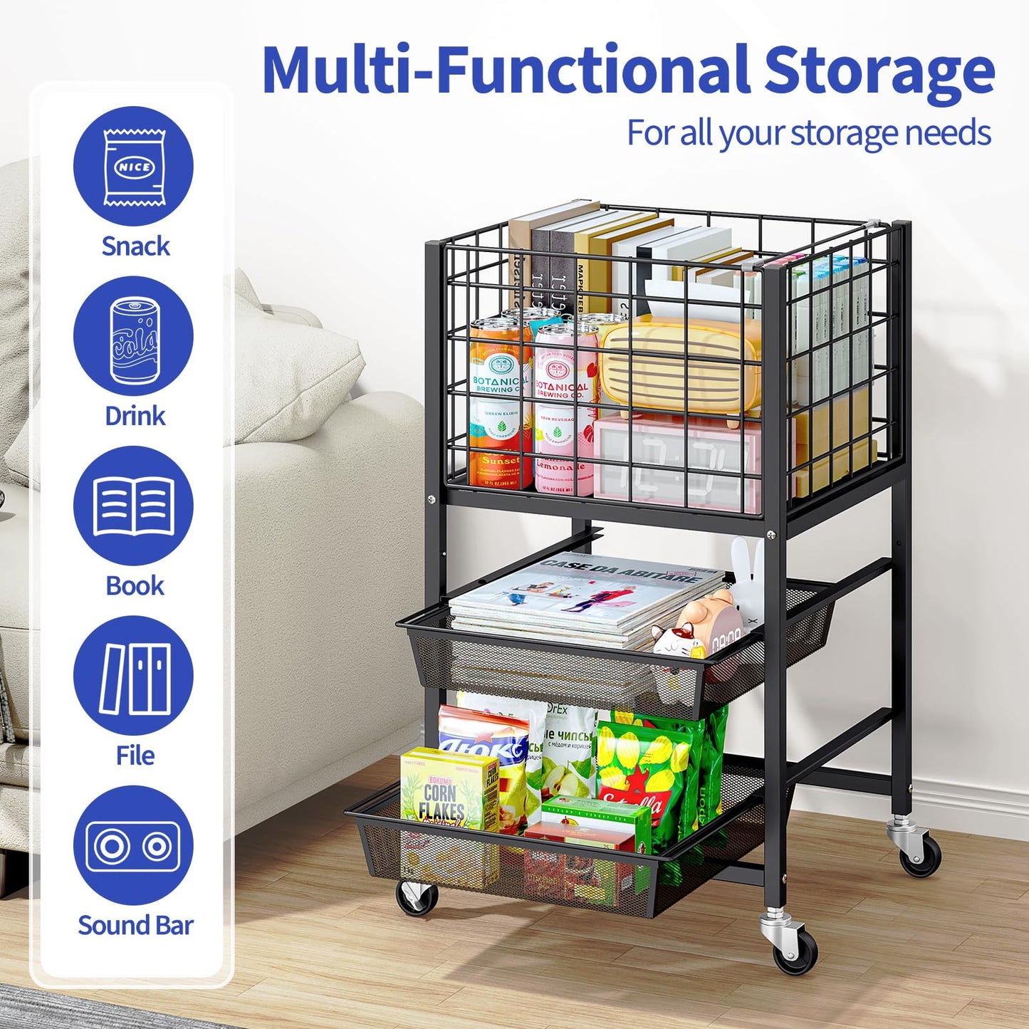 TOOLF 3-Tier Rolling File Cart, Metal Storage Drawer Cart with 2 Sliding File Trays, Adjustable Rod for Hanging Various File Sizes, File Organizer Cabinet on Wheels, for Office, Home, Classroom, Black