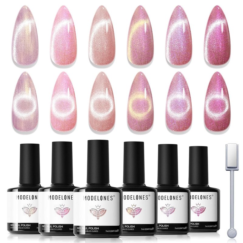Cat Eye Gel Nail Polish Set - 6 Colors Summer Neutral Nude Pink Pearlescent | 9D Glitter Gel for All Skin Tones