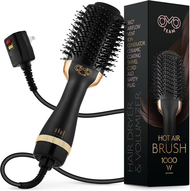 Professional Blowout Hair Dryer Brush - 75MM Oval Hot Air Volumizer for Women | Black Gold Finish