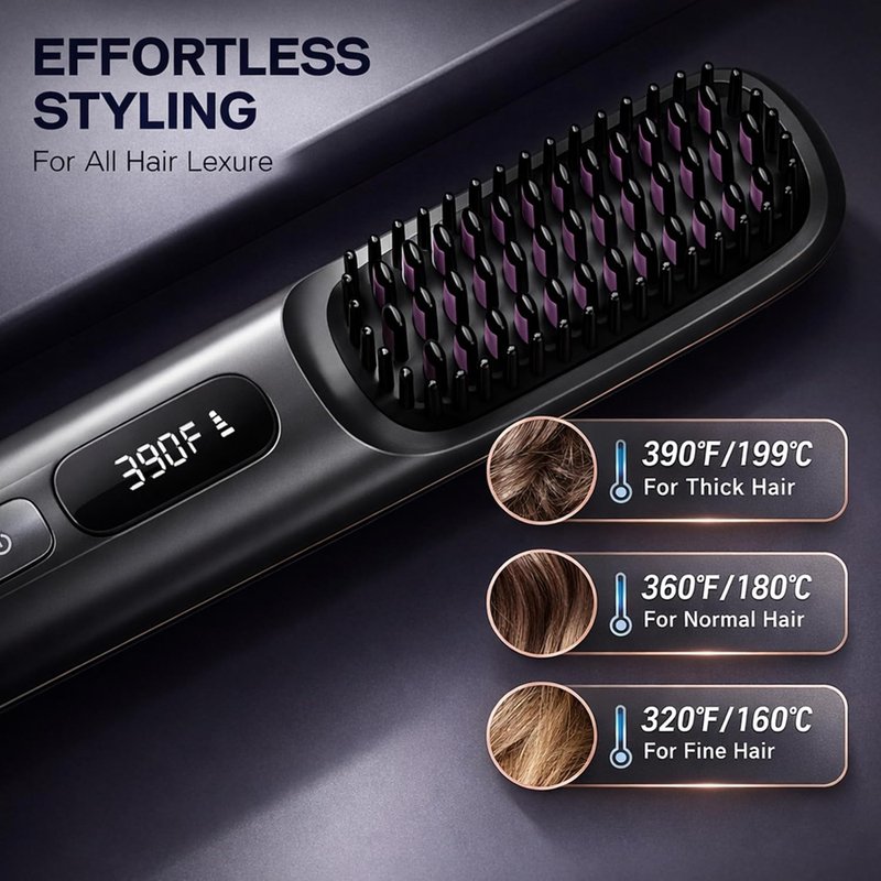 Portable Cordless Hair Straightener Brush - Fast 30s Heat, 3 Temp Settings | Travel-Friendly Gray Design
